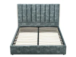 Bed 140 X 190 Cm Met Hoofdbord Met Verticale Stiksels - Velours - Groenblauw + Matras - Feroya