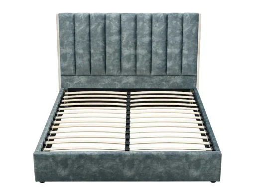 Bed 140 X 190 Cm Met Hoofdbord Met Verticale Stiksels - Velours - Groenblauw + Matras - Feroya