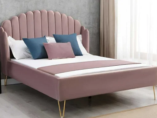 Bed 140 X 190 Cm Met Hoofdbord Met Golfpatroon - Velours - Oudroze + Matras - Sagali