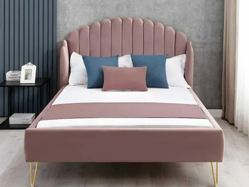 Bed 140 X 190 Cm Met Hoofdbord Met Golfpatroon - Velours - Oudroze + Matras - Sagali
