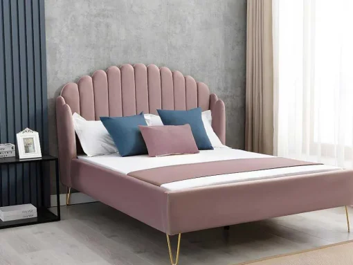 Bed 140 X 190 Cm Met Hoofdbord Met Golfpatroon - Velours - Oudroze + Matras - Sagali