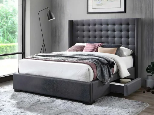 Bed Gewatteerd Hoofdbord - Met Laden - 160 X 200 Cm - Stof Grijs - Leonce