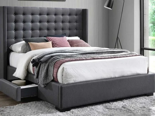 Bed Gewatteerd Hoofdbord - Met Laden - 160 X 200 Cm - Stof Grijs - Leonce