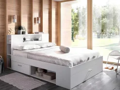 Bed Leandre Met Hoofdeinde, Opbergruimte En Lades - 160 X 200 Cm - Kleur: Wit