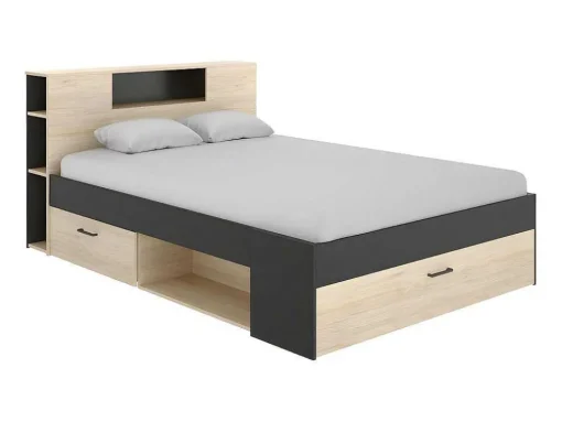 Bed Leandre Met Hoofdeinde, Opbergruimte En Lades - 160 X 200 Cm - Kleur: Eiken En Antraciet