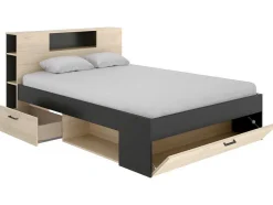 Bed Leandre Met Hoofdeinde, Opbergruimte En Lades - 160 X 200 Cm - Kleur: Eiken En Antraciet