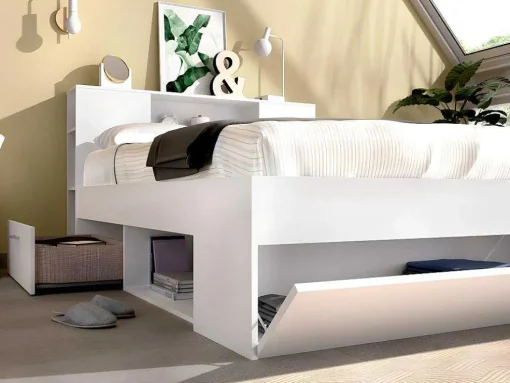 Bed Leandre Met Hoofdeinde, Opbergruimte En Lades - 140 X 190 Cm - Kleur: Wit