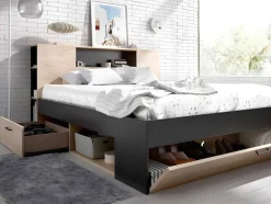 Bed Leandre Met Hoofdeinde, Opbergruimte En Lades - 160 X 200 Cm - Kleur: Eiken En Antraciet