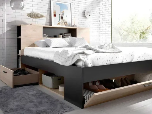 Bed Leandre Met Hoofdeinde, Opbergruimte En Lades - 160 X 200 Cm - Kleur: Eiken En Antraciet