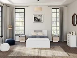 Bed Leandre Met Hoofdeinde, Opbergruimte En Lades - 140 X 190 Cm - Kleur: Wit