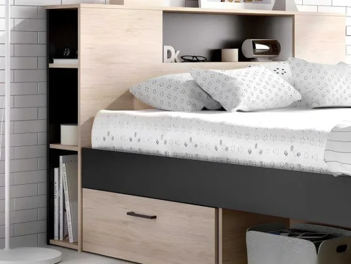 Bed Leandre Met Hoofdeinde, Opbergruimte En Lades - 160 X 200 Cm - Kleur: Eiken En Antraciet