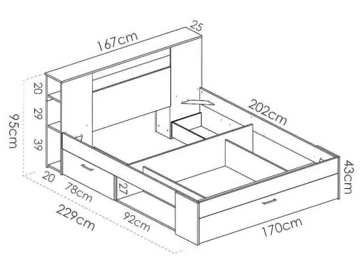 Bed Leandre Met Hoofdeinde, Opbergruimte En Lades - 160 X 200 Cm - Kleur: Eiken En Antraciet