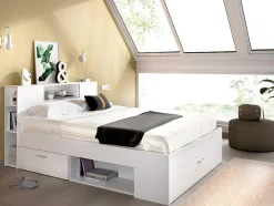 Bed Leandre Met Hoofdeinde, Opbergruimte En Lades - 140 X 190 Cm - Kleur: Wit