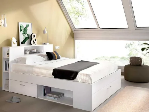 Bed Leandre Met Hoofdeinde, Opbergruimte En Lades - 140 X 190 Cm - Kleur: Wit