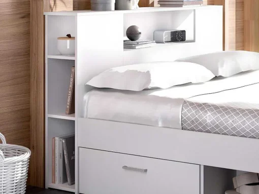 Bed Leandre Met Hoofdeinde, Opbergruimte En Lades - 160 X 200 Cm - Kleur: Wit