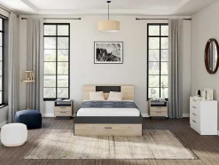 Bed Leandre Met Hoofdeinde, Opbergruimte En Lades - 160 X 200 Cm - Kleur: Eiken En Antraciet