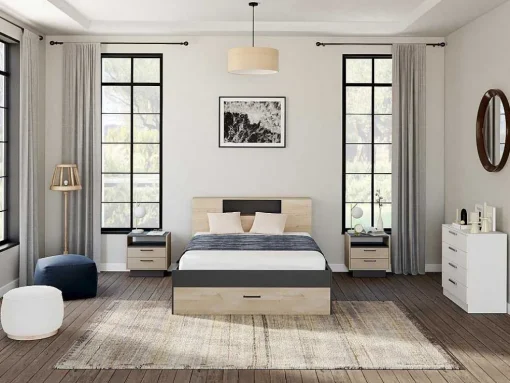 Bed Leandre Met Hoofdeinde, Opbergruimte En Lades - 160 X 200 Cm - Kleur: Eiken En Antraciet