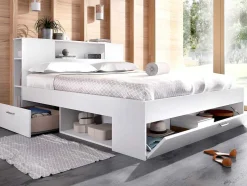 Bed Leandre Met Hoofdeinde, Opbergruimte En Lades - 160 X 200 Cm - Kleur: Wit
