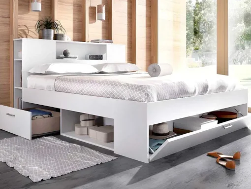 Bed Leandre Met Hoofdeinde, Opbergruimte En Lades - 160 X 200 Cm - Kleur: Wit