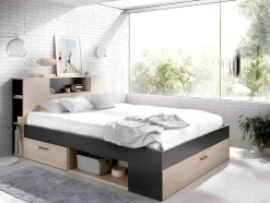 Bed Leandre Met Hoofdeinde, Opbergruimte En Lades - 160 X 200 Cm - Kleur: Eiken En Antraciet