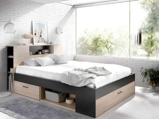 Bed Leandre Met Hoofdeinde, Opbergruimte En Lades - 160 X 200 Cm - Kleur: Eiken En Antraciet