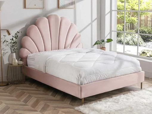 Bed Met Hoofdeinde In Schelpvorm - 160 X 200 Cm - Fluweel - Roze - Livaya