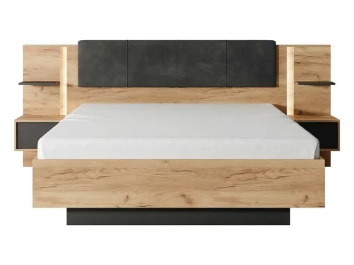 Bed Met Nachtkastjes 160 X 200 Cm - Met Ledverlichting - Kleur: Naturel En Antraciet - Elynia