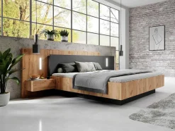 Bed Met Nachtkastjes 160 X 200 Cm - 2 Laden - Met Led'S - Kleur : Naturel En Antraciet - Francoli