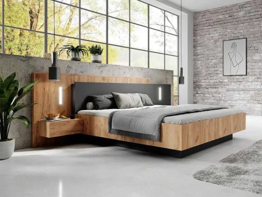 Bed Met Nachtkastjes 160 X 200 Cm - 2 Laden - Met Led'S - Kleur : Naturel En Antraciet - Francoli