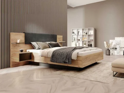 Bed Met Nachtkastjes 160 X 200 Cm - Met Ledverlichting - Kleur: Naturel En Antraciet - Elynia