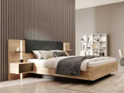 Bed Met Nachtkastjes 160 X 200 Cm - Met Ledverlichting - Kleur: Naturel En Antraciet - Elynia