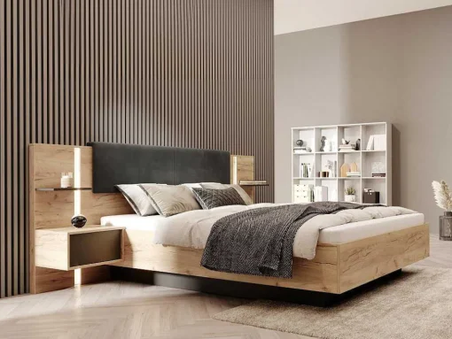 Bed Met Nachtkastjes 160 X 200 Cm - Met Ledverlichting - Kleur: Naturel En Antraciet - Elynia