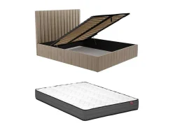 Bed Met Opbergruimte 180 X 200 Cm Met Hoofdbord Met Verticale Stiksels - Velours - Taupegrijs + Matras - Larali