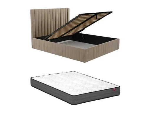 Bed Met Opbergruimte 180 X 200 Cm Met Hoofdbord Met Verticale Stiksels - Velours - Taupegrijs + Matras - Larali