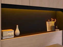 Bed Met Opbergruimte 160 X 200 Cm - Met Ledverlichting - Kleur: Naturel En Zwart + Bedbodem - Velona