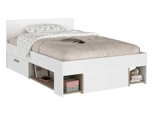 Bed Met Opbergruimte 120 X 190 Cm Wit En Houtlook Kinselia