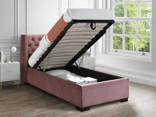Bed Met Opbergruimte 90 X 200 Cm Met Gecapitonneerd Hoofdbord Fluweel Roze Met Matras Massimo