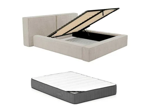 Bed Met Opbergruimte 160 X 200 Cm - Ribfluweel - Beige + Matras - Timano