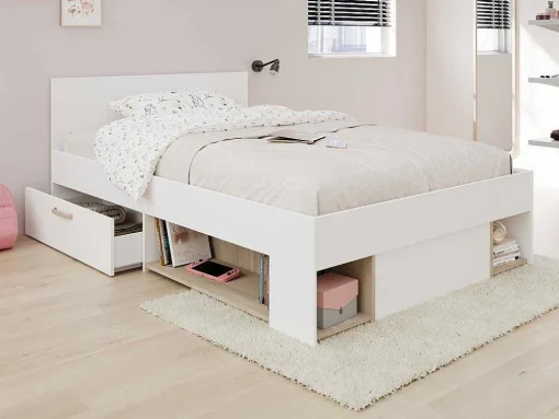 Bed Met Opbergruimte 120 X 190 Cm Wit En Houtlook Kinselia