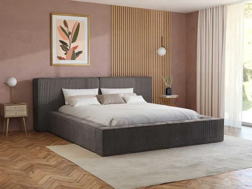 Bed Met Opbergruimte 180 X 200 Cm - Ribfluweel - Taupe + Matras - Timano