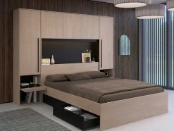 Bed Met Opbergruimte 160 X 200 Cm - Met Ledverlichting - Kleur: Naturel En Zwart + Bedbodem - Velona