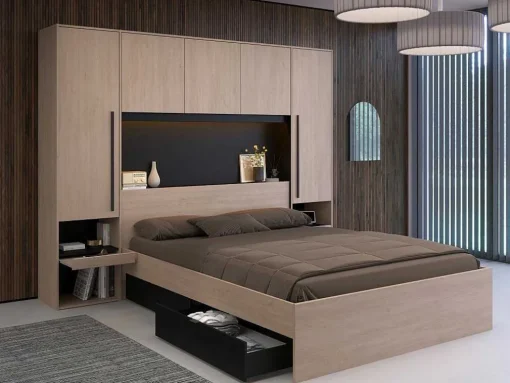 Bed Met Opbergruimte 160 X 200 Cm - Met Ledverlichting - Kleur: Naturel En Zwart + Bedbodem - Velona