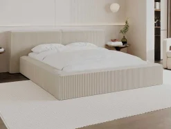 Bed Met Opbergruimte 160 X 200 Cm - Ribfluweel - Beige + Matras - Timano