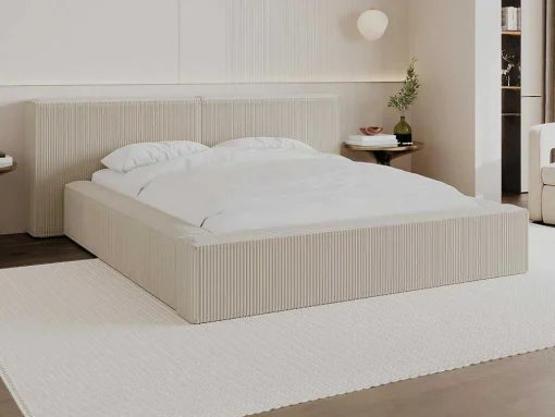 Bed Met Opbergruimte 160 X 200 Cm - Ribfluweel - Beige + Matras - Timano