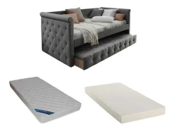 Bed Met Slaaplade Louise - 2 X 90 X 190 Cm - Grijze Stof + Matras