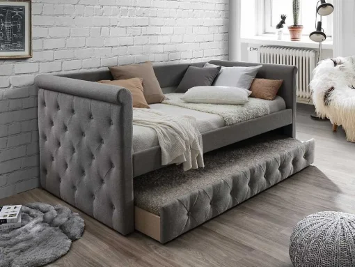 Bed Met Slaaplade Louise - 2 X 90 X 190 Cm - Grijze Stof
