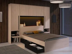 Bedkast Met Opbergruimte - Met Ledverlichting - L265 Cm - Kleur: Naturel En Zwart - Velona