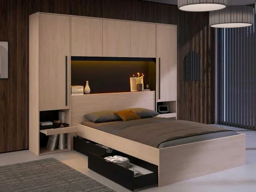 Bedkast Met Opbergruimte - Met Ledverlichting - L265 Cm - Kleur: Naturel En Zwart - Velona