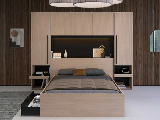 Bedkast Met Opbergruimte - Met Ledverlichting - L265 Cm - Kleur: Naturel En Zwart - Velona