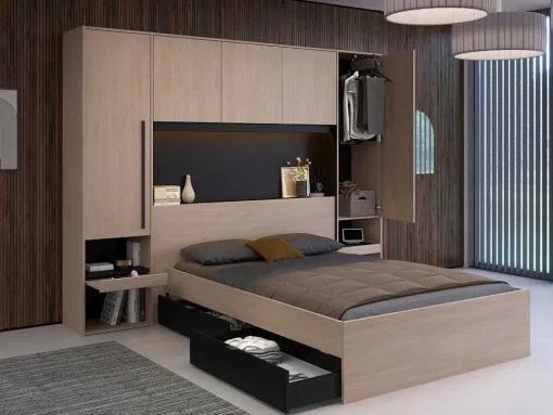 Bedkast Met Opbergruimte - Met Ledverlichting - L265 Cm - Kleur: Naturel En Zwart - Velona